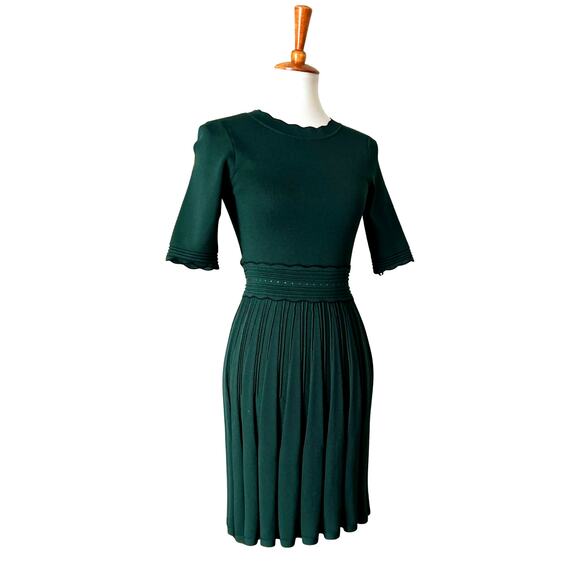 Ted Baker Forest Green Knit Skater Dress XS – Sculpted Pleats, Scallop Trim - Picture 1 of 6